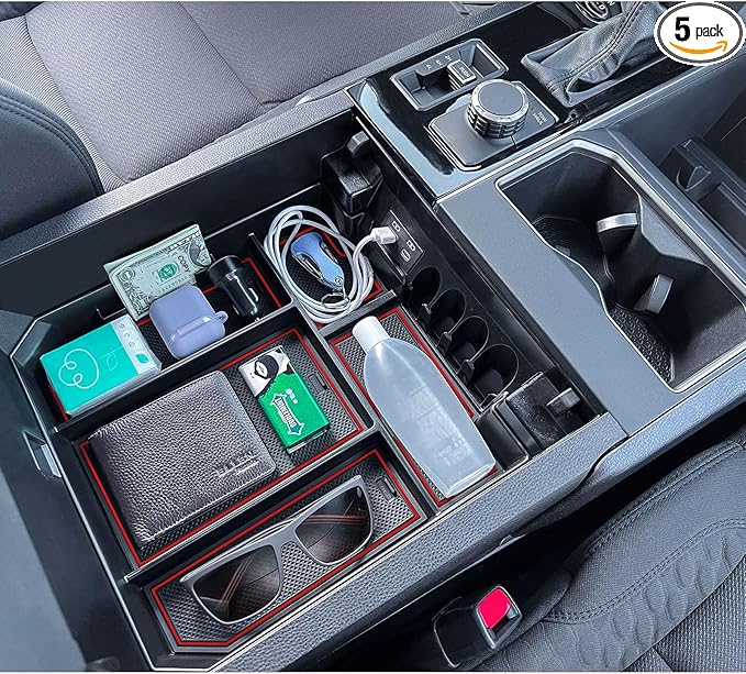 TOPINSTALL Red Full-Size Console Tray Compatible with 2022-2026 Toyota Tundra / 2023-2026 Sequoia Accessories Armrest Storage Box Tray with Anti-Slip Inserts (Not for the Console with Safe)