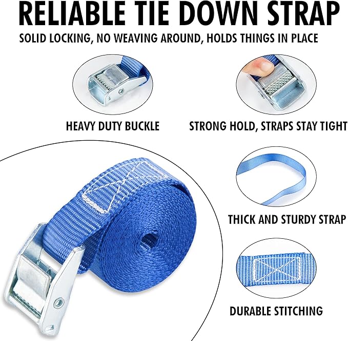 Cartman 1" x 12' Lashing Straps Cargo Tie-Down Strap Up to 600lbs, 8pk in Carry Bag, Blue