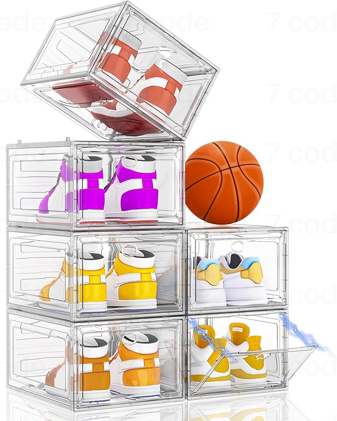 Thickened Clear Shoe Storage Organizer with Magnetic Door, Sturdy Stackable Shoe Boxes for Closet, Collapsible Space-Saving S