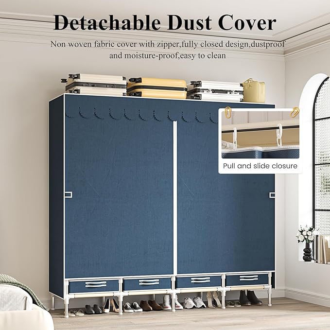 Portable Wardrobe with 4 Drawers and 3 Shelves, 67 Inch Large Capacity Freestanding Wardrobe Hanging Organizer with Lid for B