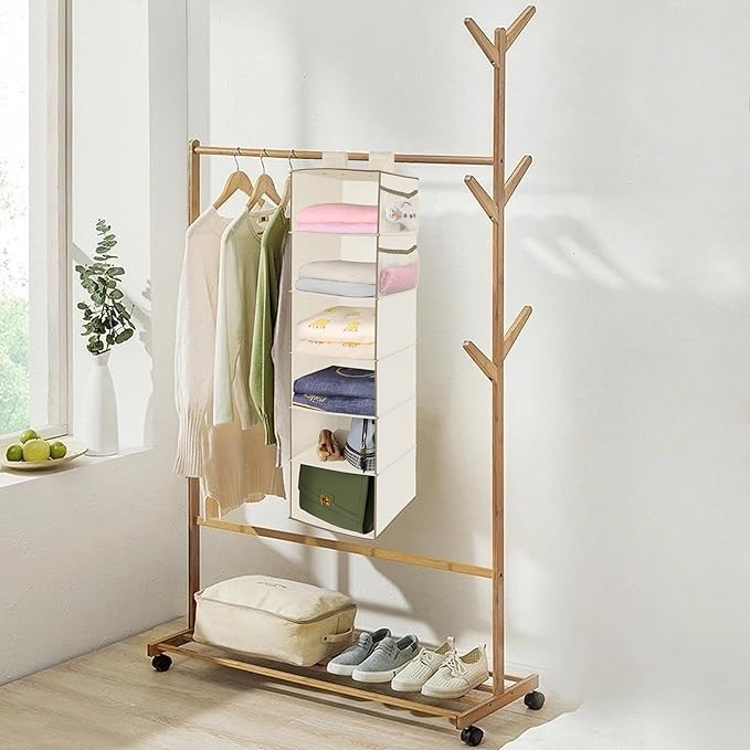 MAX Houser 6 Tier Shelf Hanging Closet Organizer, Closet Hanging Shelf with 2 Widen Straps for Storage, Foldable (Beige2) | S