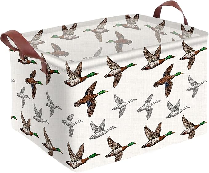 Mallard Duck Storage Basket Waterproof Canvas Toy Storage Bin Mallard Duck Room Decor Collapsible Outdoor Basket with Leather