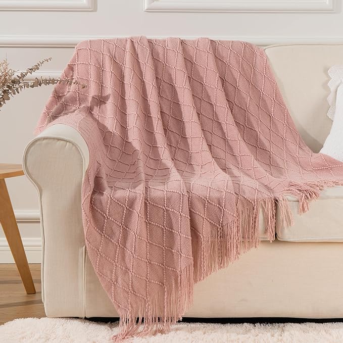 BATTILO HOME Blush Throw Blanket with Tassels, Pink Knit Blanket for Home Decor, Boho Style Textured Knitted Decorative Blank