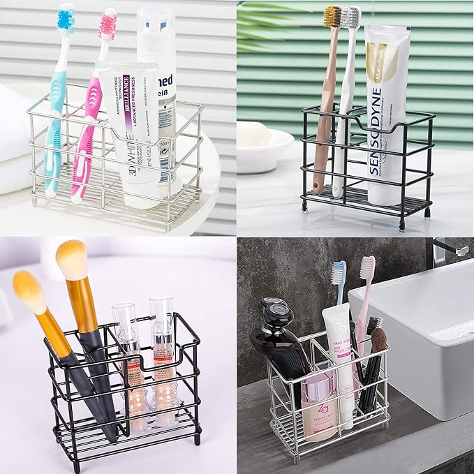 Urbanstrive 304 Stainless Steel Bathroom Toothbrush Holder Toothpaste Holder Stand Bathroom Accessories Organizer (Silver, La