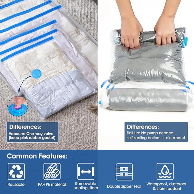 AROIC 50 Pack Vacuum Storage Bags, 5 Sizes + 2 Roll-up (8 Each) Space Saver Vacuum Sealer Bags for Clothing with 1 Electric P