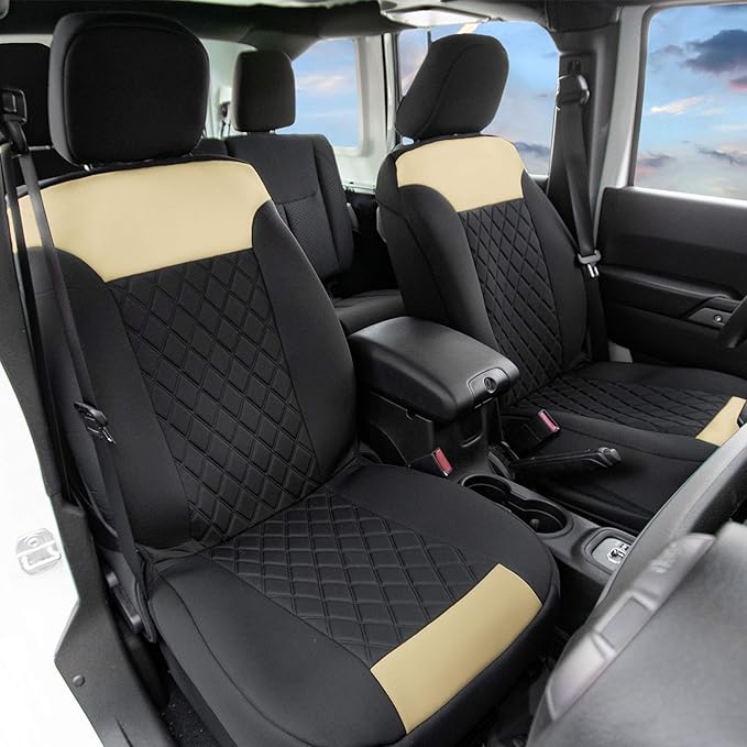 FH Group Car Seat Cover Cushion - 2 Pack Seat Covers for Cars Trucks SUV, Beige Black Neosupreme Car Seat Cushions, Car Seat 