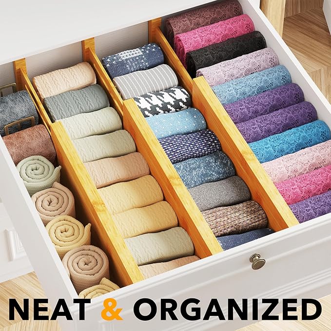 SpaceAid Bamboo Dresser Drawer Dividers 6 Pack, 4.65“ High Adjustable 12.5“-17” Drawer Organizers, Expandable Organization fo
