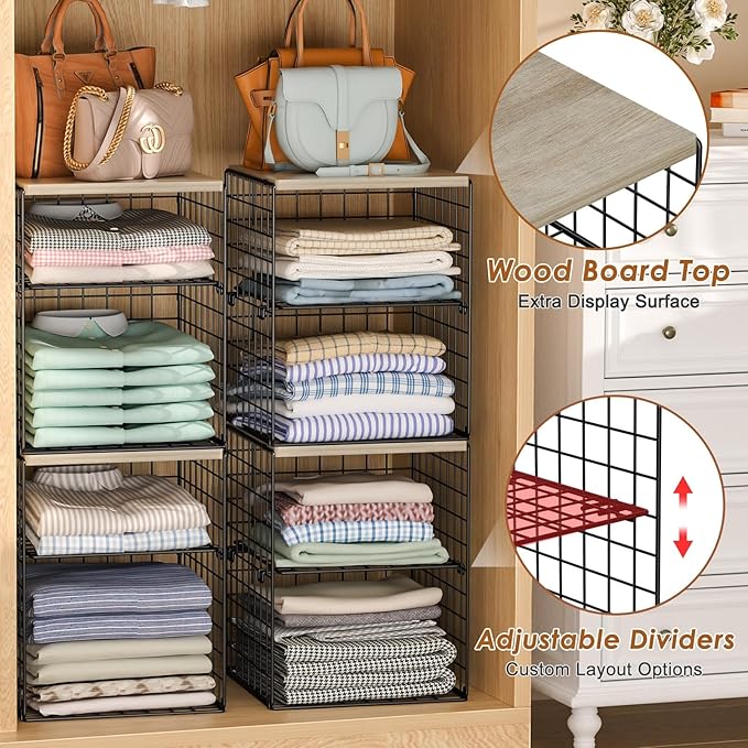 4-Tier Stackable Closet Organizers and Storage, Adjustable Dividers & Wood Top Storage Shelves for Clothes, Wardrobe & Closet