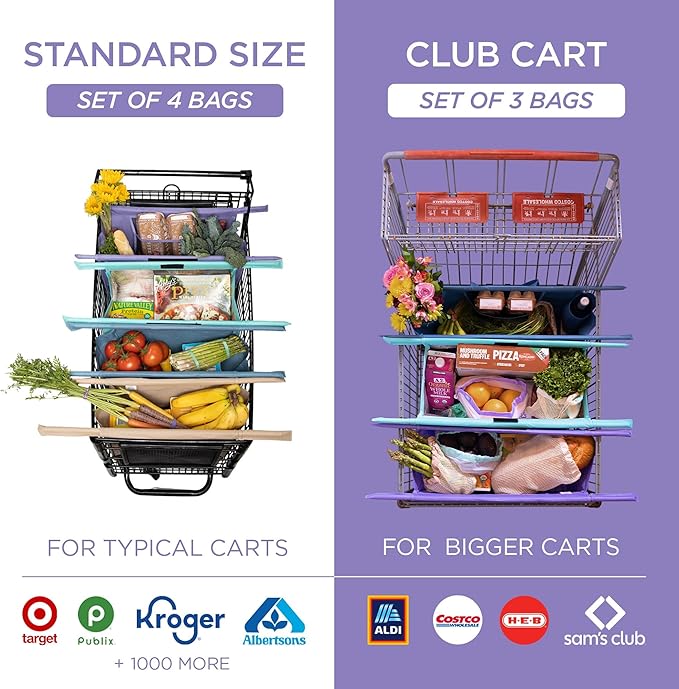 Lotus Club Cart Trolley Reusable Shopping Bags (3-Pack)– Detachable & Reusable Grocery Bags Foldable w/ Insulated Grocery Bag & Egg/Wine Holder– Washable Shopping Totes for Easy Storage & to Save Time