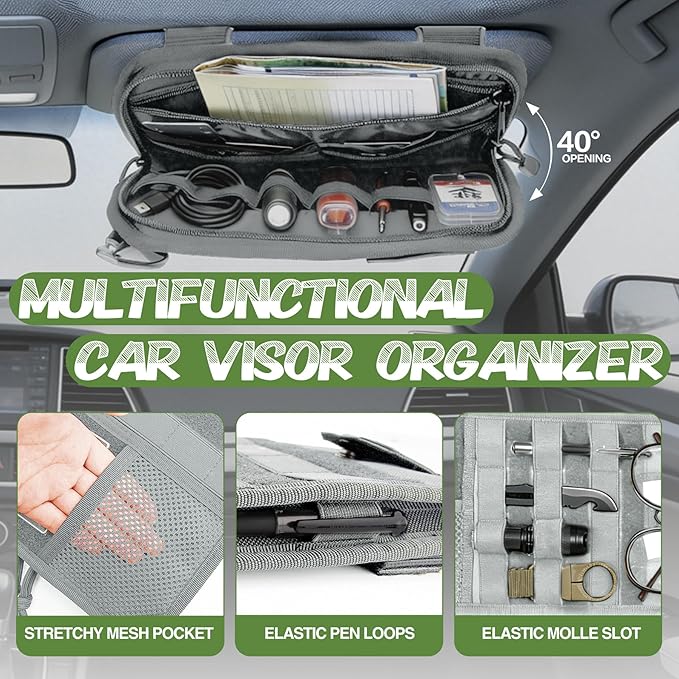 Car Sun Visor Organizer, Semi-Rigid Molle Panel Tactical Car Accessories with Zipper Storage Pouch, Sunglass Holder for Car Visor Organizer, Universal Fit for Trucks, SUVs, Jeeps & Police Gear, Grey