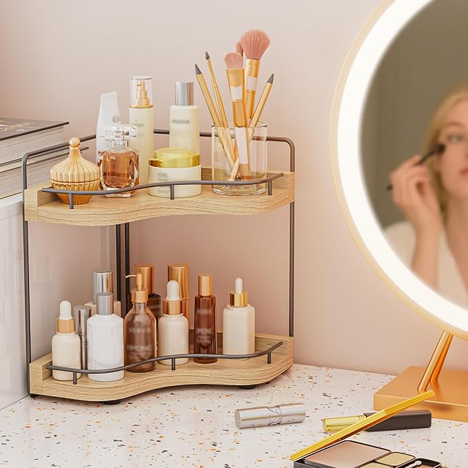 2-Tier Corner Bathroom Counter Organizer with Embedded Screw Holes, Secure & Stable Wood Vanity Shelf for Makeup and Skincare