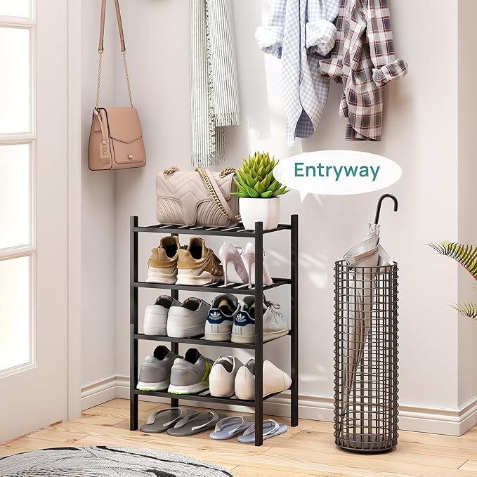 viewcare Black Small Shoe Rack for Entryway, 4-Tier Bamboo Shoe Organizer for Hallway Closet, Free Standing Shoe Racks for In