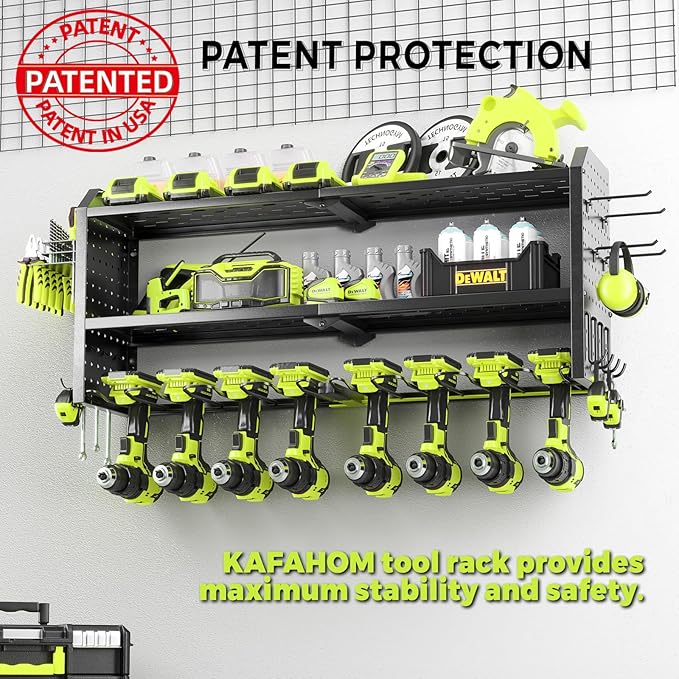 KAFAHOM Power Tool Organizer，Large 8 Drill Holder Wall Mount ，Heavy Duty Metal Tool Shelf with 12 Hooks，Storage Rack for Gara