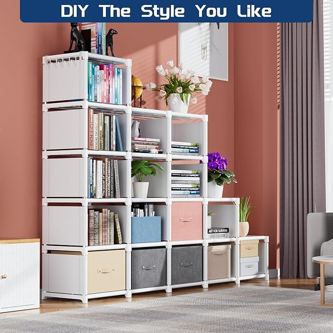 Mavivegue Book Shelf, 18 Cube Storage Organizer, DIY Bookcase, Metal Cube Bookshelf, Tall Book case for Bedroom, Living Room,