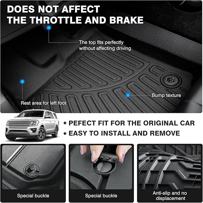 Powerty Floor Mats for 2018-2024 Ford Expedition (Fit 2nd Row Bucket Seats/7 Seats) Accessories All Weather Floor Liner 3D TPE 1st & 2nd Row Floor Mat Heavy-Duty Floor Liners