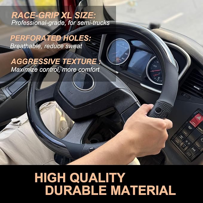PINCTROT XL Size 17.5-18 in Race Grip Steering Wheel Cover for Semi Truck, Fits RV, Big Rig Trucker, 18 Wheeler and Classic Cars, Anti-Slip Silicone Perforated Design 17.5-18 Inch (Racing Black)