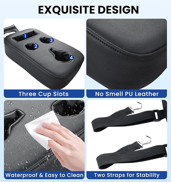 Upgraded Car Cup Holder with Dual Secure Straps, Back Seat Cup Holder for Car, PU Leather Truck Cup Holder, Boat Tray Organizer for Trucks, Minivans, SUVs, RVs, Holds Coffee, Snacks, Cell Phone