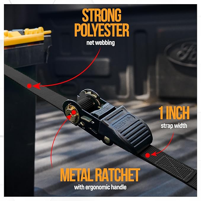FORTEM Ratchet Straps, Tie Down Strap Set 1650lb Break Strength, 4 Pack 15ft x 1in, 4 Soft Loops, Moving Straps Tie Downs, Cargo Cam Buckles for Trucks, Carry Bag, for Men