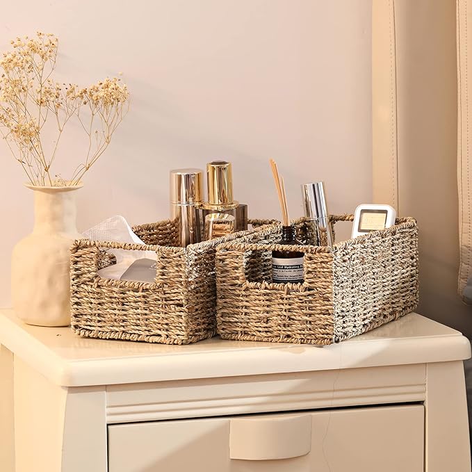 Vagusicc Wicker Storage Basket, Set of 2 Hand-Woven Storage Baskets for Organizing, Small Wicker Basket for Toilet Paper, Fol