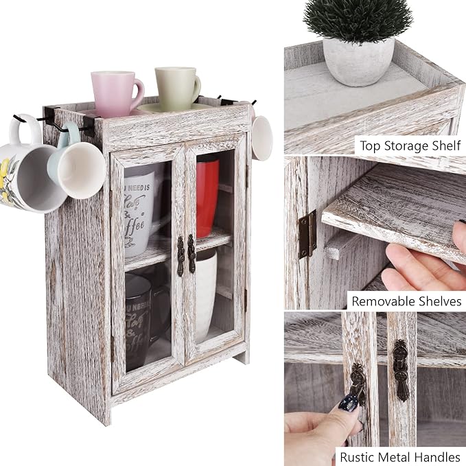 Ikee Design Wooden Countertop Storage Cabinet. Customizable Organizer with Adjustable Shelves, Glass Window Door and Removabl