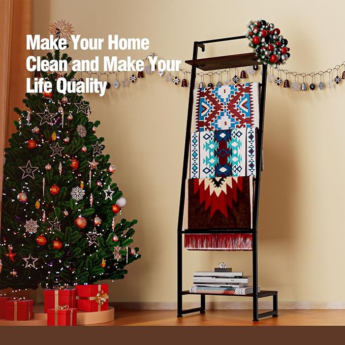 Nuoex Blanket Ladder with Shelf, 6 Layer Wall-Leaning Blanket Rack, Farmhouse Blanket Shelf for Storage and Home Decor, Frees