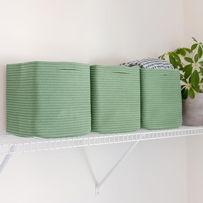 NaturalCozy Storage Cubes 11 Inch Cotton Rope Woven Baskets for Organizing, 3-Pack | Cube Storage Bin | Square Storage Basket