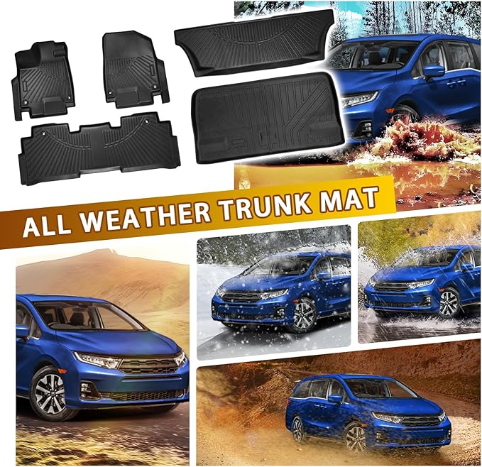 Powerty Floor Mats for Honda Odyssey 2026 2025-2018 Mini Passenger Van Car Mats, All Weather TPE Custom 1st 2nd & 3rd Rows Floor Liner and Cargo Liner Honda Odyssey Accessories (Floor Mats+Trunk Mat)