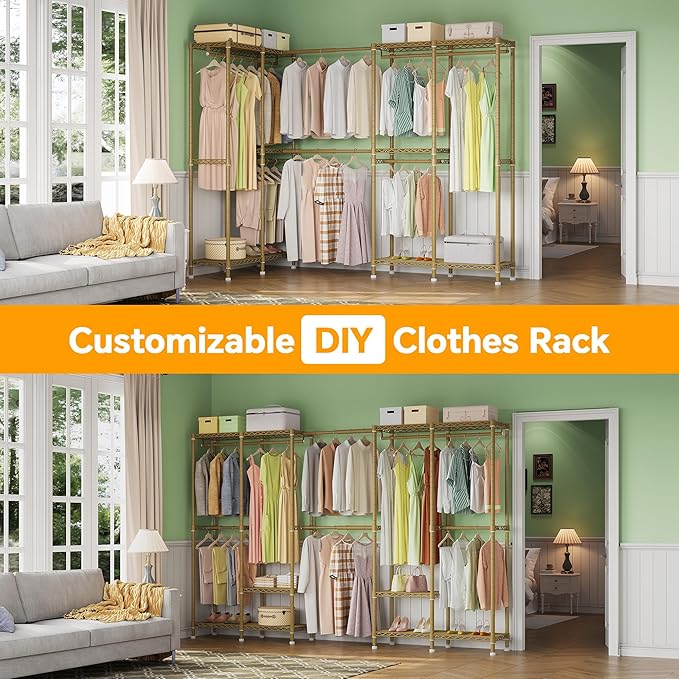 Higeego H5 Pro Heavy Duty Clothes Rack Wardrobe Closet for Hanging Clothes, Freestanding Garment Rack with Expandable Hanger 