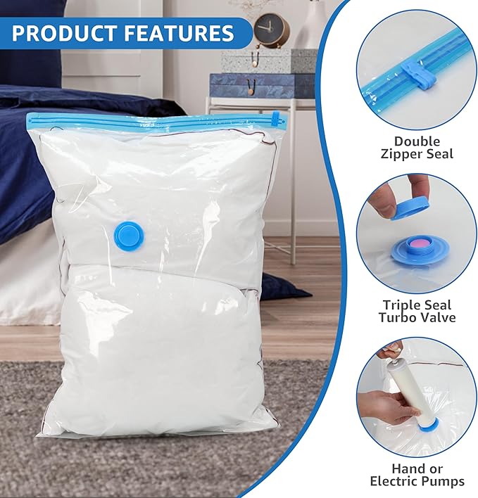8 Jumbo Vacuum Storage Bags, Space Saver Bags, Vacuum Seal Bags with Hand Pump for Comforters, Blankets, Bedding, Pillows and