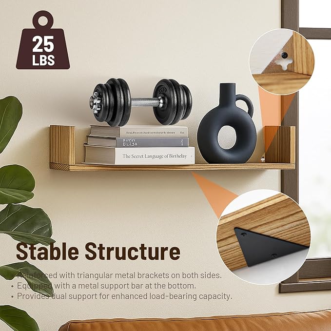 Floating Book Shelves,32 Inches Wall Bookshelf U Shaped,Long Hanging Bookshelf for Wall,Large Rustic Storage Books Shelves fo