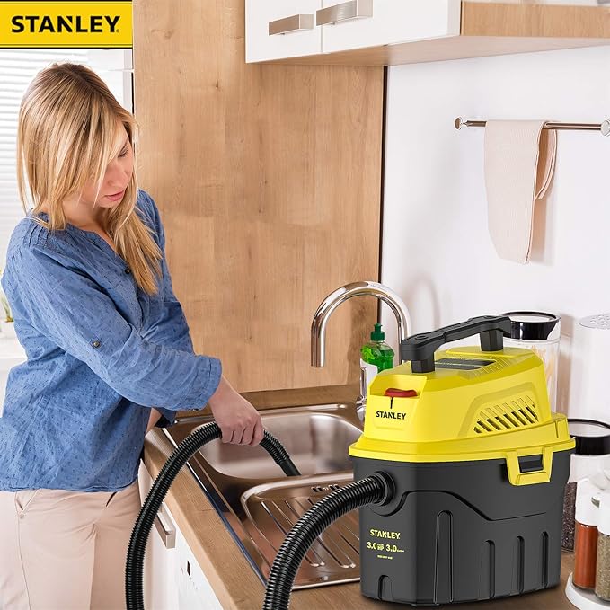 STANLEY 3 Gallon Wet Dry Vacuum, 3 Peak HP Poly 2 in 1 Shop Vac with Powerful Suction, Portable Shop Vacuum Car Vacuum W/ 3 H