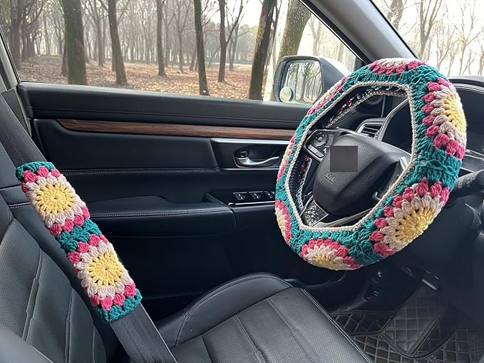 Crochet Sunflower Car Steering Wheel Covers Universal 14-15 inch for Women/Men (C:Wheel Cover+2 Belt Cover)