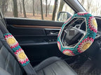 Crochet Sunflower Car Steering Wheel Covers Universal 14-15 inch for Women/Men (C:Wheel Cover+2 Belt Cover)