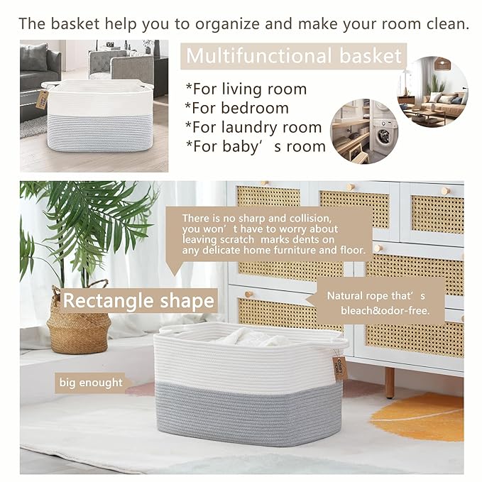 COMFY-HOMI Large Rectangle Laundry Storage Basket | Cotton Rope Woven, Organizing with Handle | Dirty Cloth & Baby Shower Bas