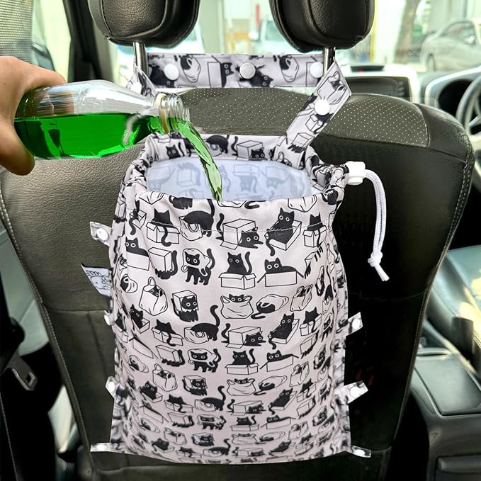 FLOCK THREE Leak-Proof Waterproof Car Trash Bag Foldable Multipurpose Trash bin Container Storage Cute Grocery Organizer Bag for Automotive Front or Back Seat in Cars SUVs and Trucks (Cats Hiding)