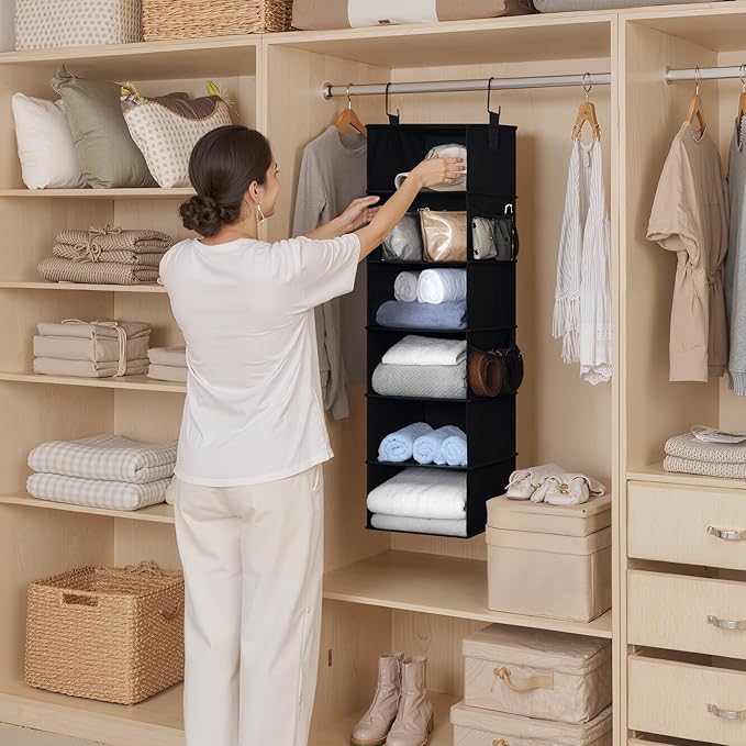 StorageWorks 6-Shelf Hanging Closet Organizers, Foldable Closet Storage Organizer with 2 Side Pockets, Portable Hanging Shelv