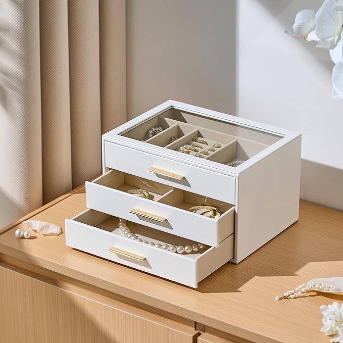 pickpiff Jewelry Box Organizer Case for Women: 3-Layer Jewelry Storage Case with Glass Window, Pure White Leather with Velvet