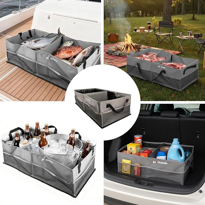 Collapsible Waterproof Car Trunk Organizer, Soft PVC Storage Bin with Rugged PVC-Coated Fabric for SUV & Truck (Stone Gray, PLU