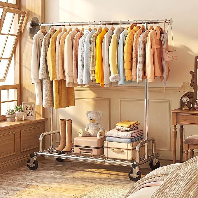 HOKEEPER Heavy Duty Clothes Rack Load 525 LBS, 75''W Adjustable Garment Rack, Rolling Clothing Rack for Hanging Clothes with 