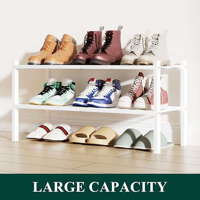 Smiry Shoe Rack, 2 Tier Bamboo Shoe Organizer, Stackable Free Standing Wooden Shoe Storage Shelf for Closet, Entryway, Front 