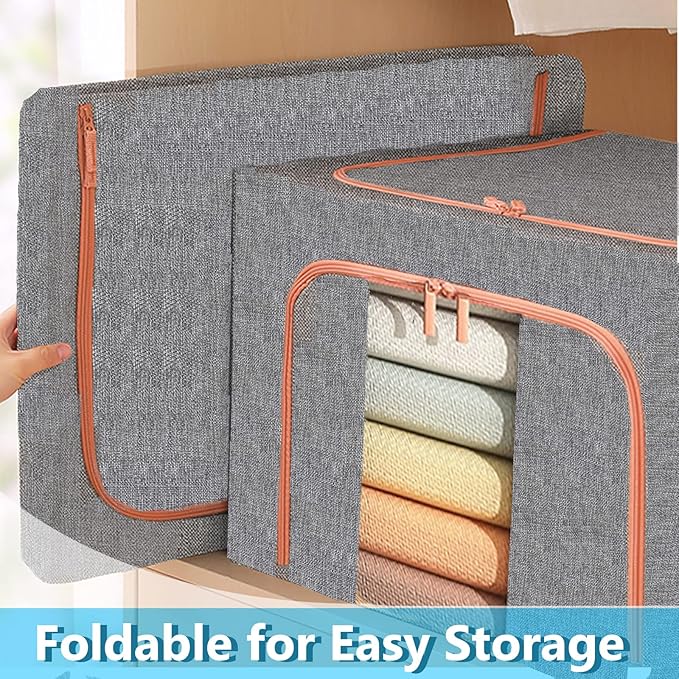Large Storage Bags,Stackable Clothes Storage Bins with Hold Shape Metal Frame,Foldable Closet Organizer Containers with Zippe
