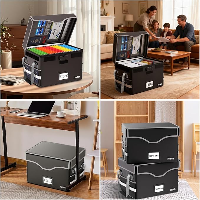 DocSafe 5200°F Fireproof Document Box with Lock,Heat Insulated File Organizer Storage with Pockets,Collapsible Portable Home 