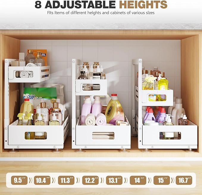 2 Pack 17IN-Depth Under Sink Organizer,Pull Out Cabinet Organizer With Smooth Cylindrical Rail,Metal Slide Out Drawer for Kit