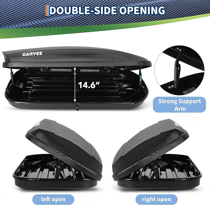 Garvee Rooftop Cargo Box Carrier Dual-Side Opening,12 Cubic Hard Shell Rooftop Cargo Carrier,165Lbs Weight Capacity with Secure Straps&Keys
