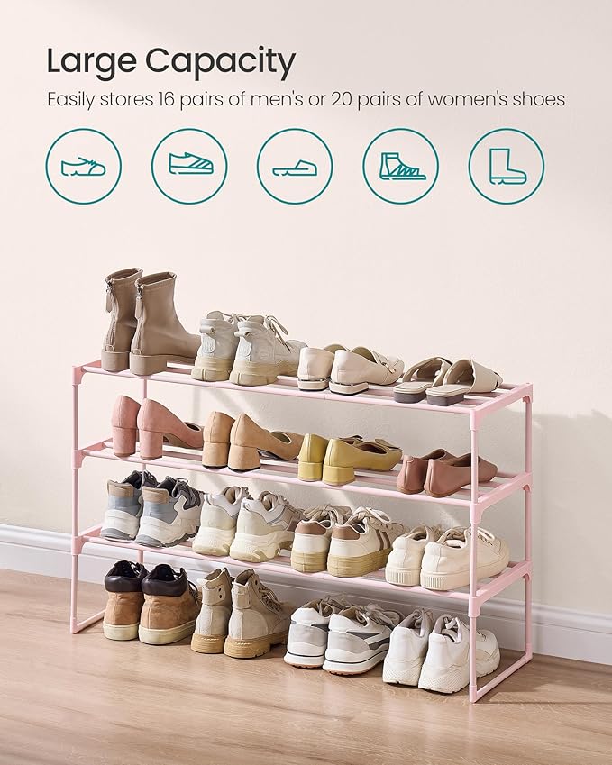 SONGMICS Shoe Rack, 3-Tier Shoe Organizer, Metal Storage Shelf, Upright or Upside Down, for 16-20 Pairs, Stackable, for Entry