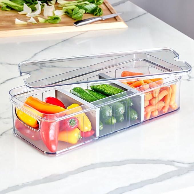 iDesign Recycled Plastic Crisp Large Divided Fruit and Vegetable Storage with Easy to Grip Integrated Handles Designed to Kee