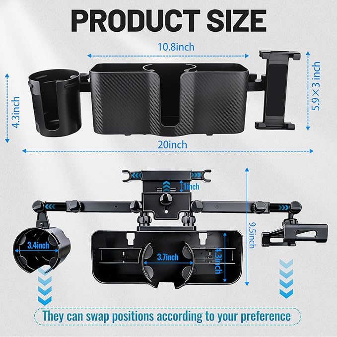 Car Headrest Backseat Storage Box with 2 Cup Holders, Back Seat Car Organizer 5"-13" Tablet Phone Holder with Hook, Adjustable 3-in-1 Multifunctional Car Essential Food Tray for Travel Accessories