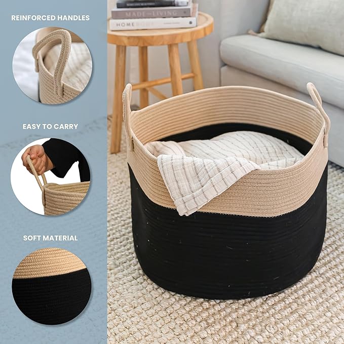 OrganiHaus Large Woven Storage Basket for Blankets and Toys 20" x 13" Inch, Rope Laundry Basket with Handles, Cushions & Pill