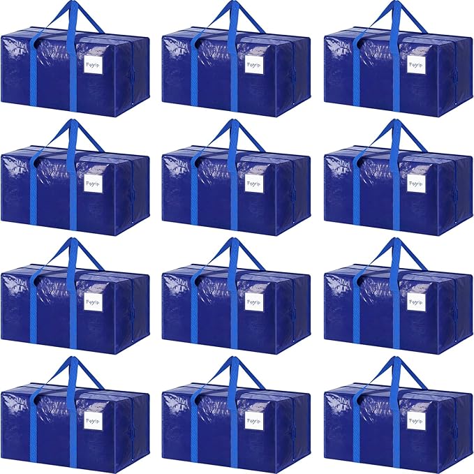 12 Pack Extra Heavy Duty Large Moving Bags with Strong Zipper & Comfortable Handles, Sturdy & Durable Clothes Storage Bags To