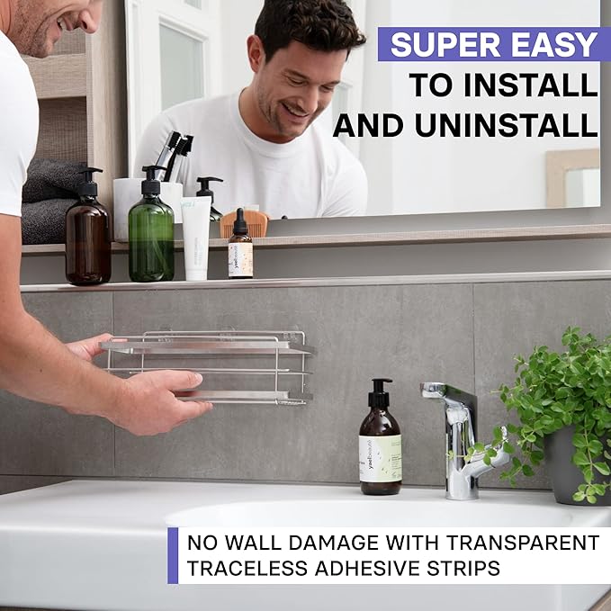 KINCMAX Shower Shelves 2-Pack - Self Adhesive Caddy with 4 Hooks - No Drill Large Capacity Stainless Steel Wall Shelf - Aesth